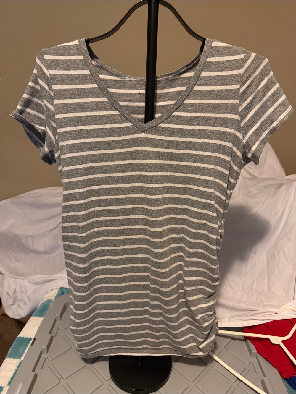 Motherhood Gray & White Striped V-Neck Tee